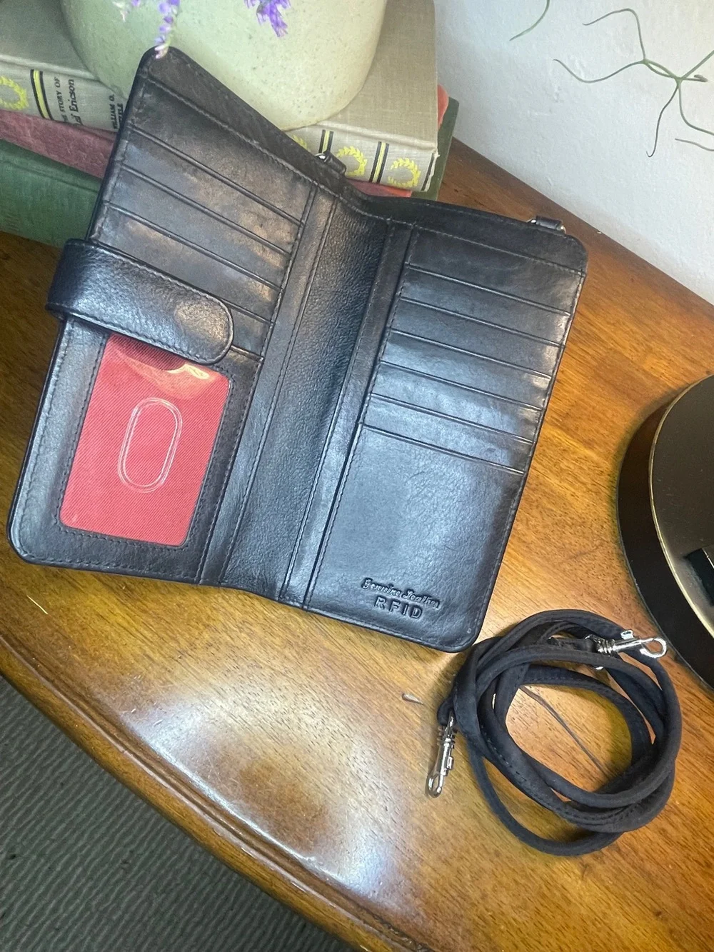 Black Leather RFiD Blocking Crossbody Long Wallet - Unisex Travel Organizer